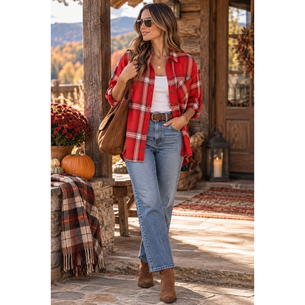 Magellan Outdoors Red Plaid Boyfriend Fit Flannel Rayon Shirt Womens Outdoors L